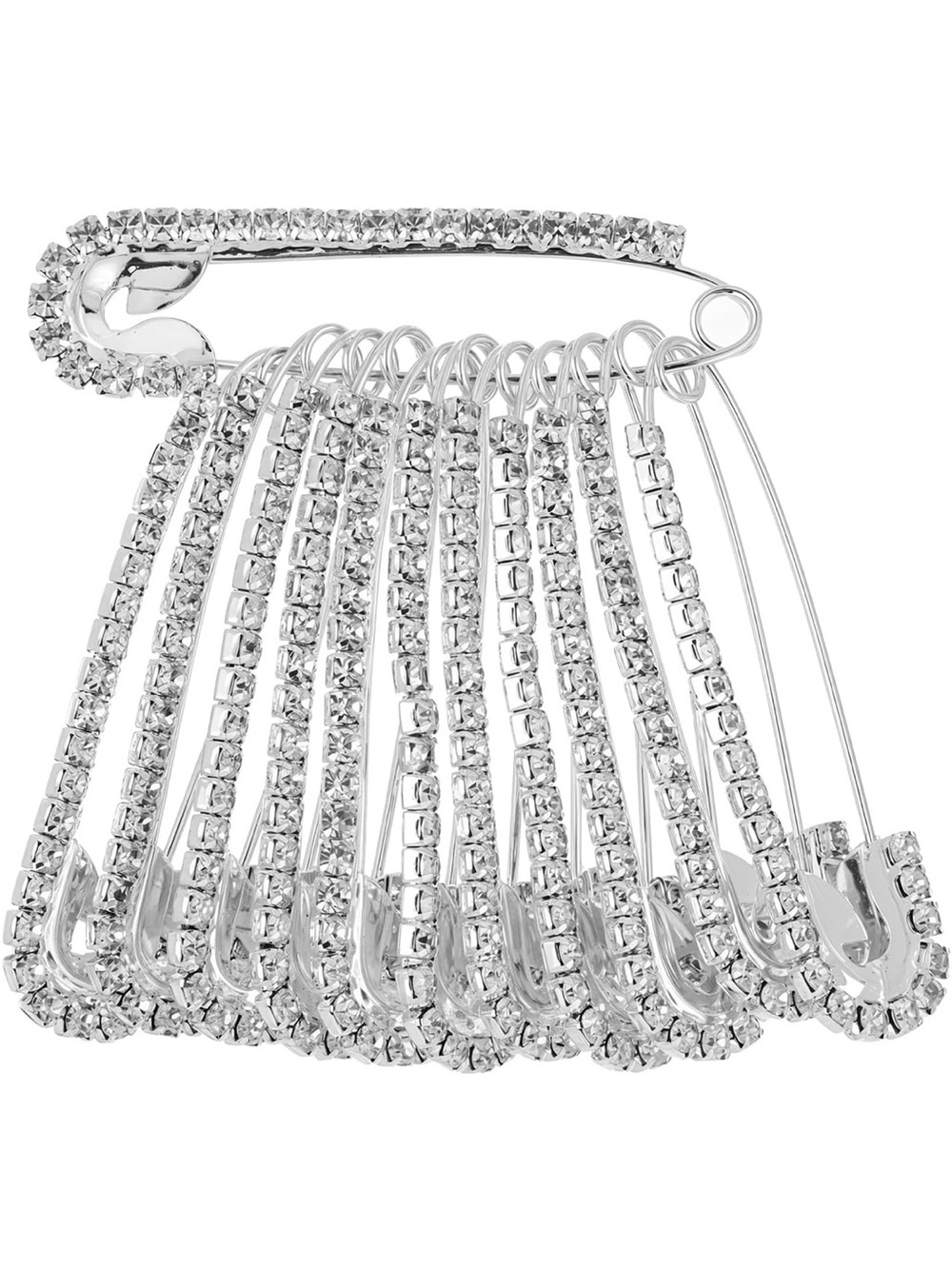 12Pcs Rhinestone Safety Pin Brooch - Silver Sparkle